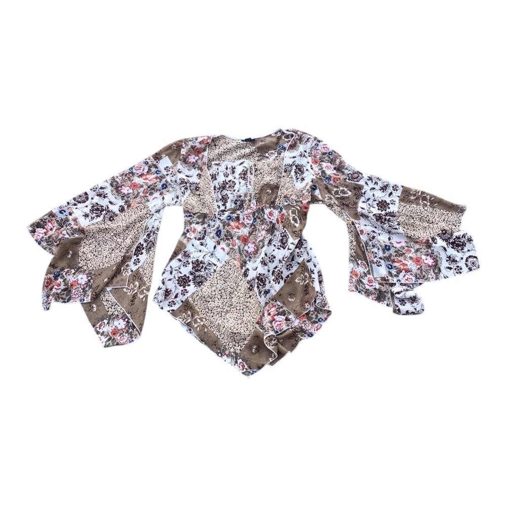Y2K RAG Fairy Boho Brown Hippie Bell Sleeve Sheer Pattern Floral Blouse 3X